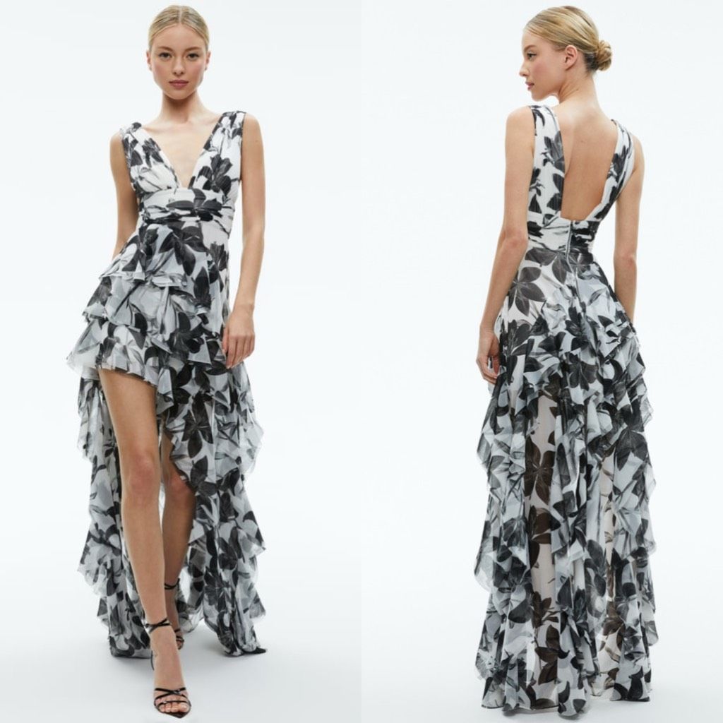 Nwt Alice + Olivia Holly Low Neck Asymmetric Ruffled Maxi Dress Size 0 $795